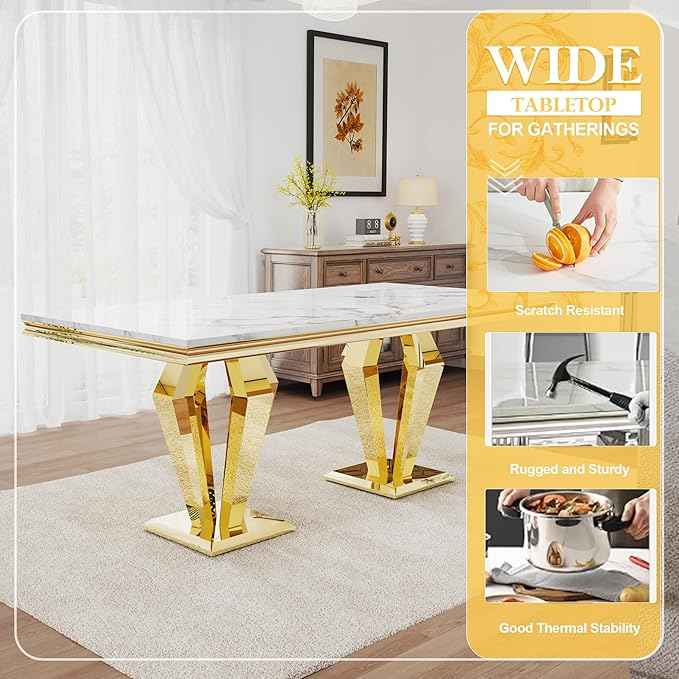 AF ARTISAN FURNITURE 7 Piece Luxury Dining Room Set, Modern Dining Table and Upholstered Chairs Set, Marble Kitchen Table Set for 6, Big Kitchen Dinner Tables Kit with Gold Base
