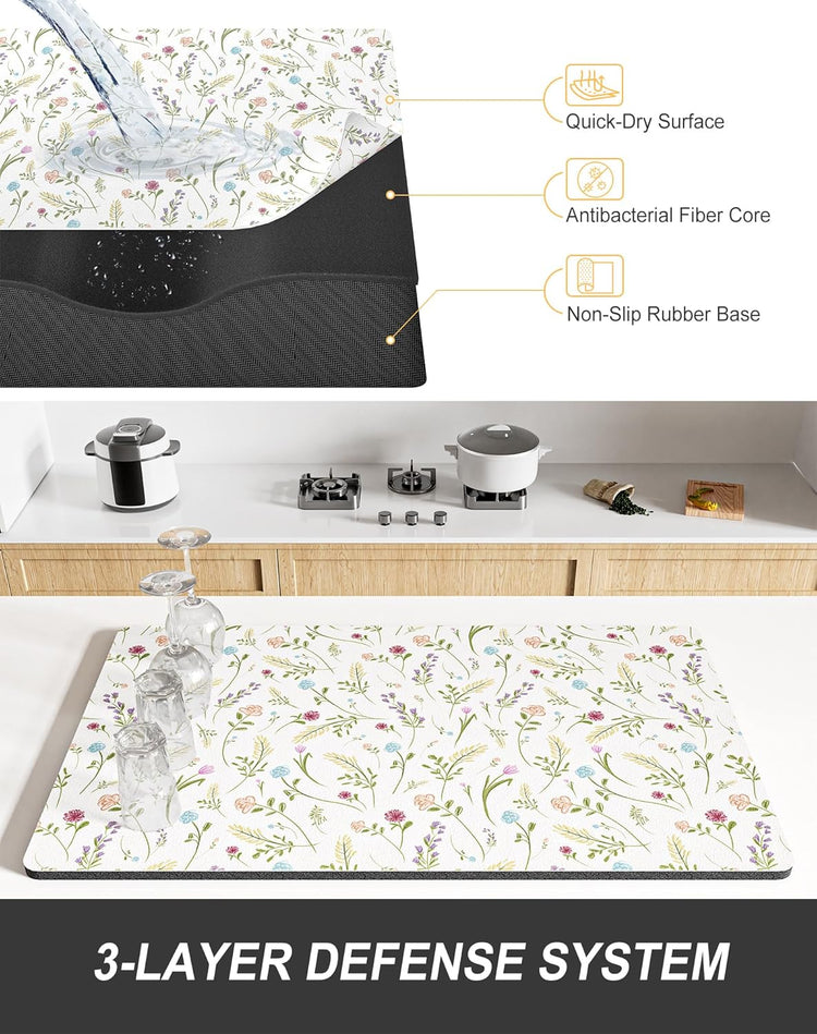 Rnivvi Dish Drying Mat for Kitchen Counter, 12 x 19" Cute Flower Theme Super Absorbent Draining Pad, Non-Slip Heat Resistant Coffee Bar Mat for Coffee Machine Station Accessories, White Dish Rack Pad