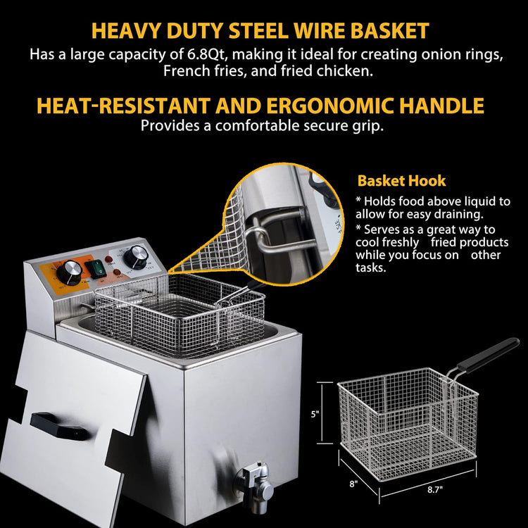 14 Qt. Electric Countertop Commercial Deep Fryer with 6.8 Qt. Basket, for Restaurant and Home - 120V, 1700W, Stainless Steel Build