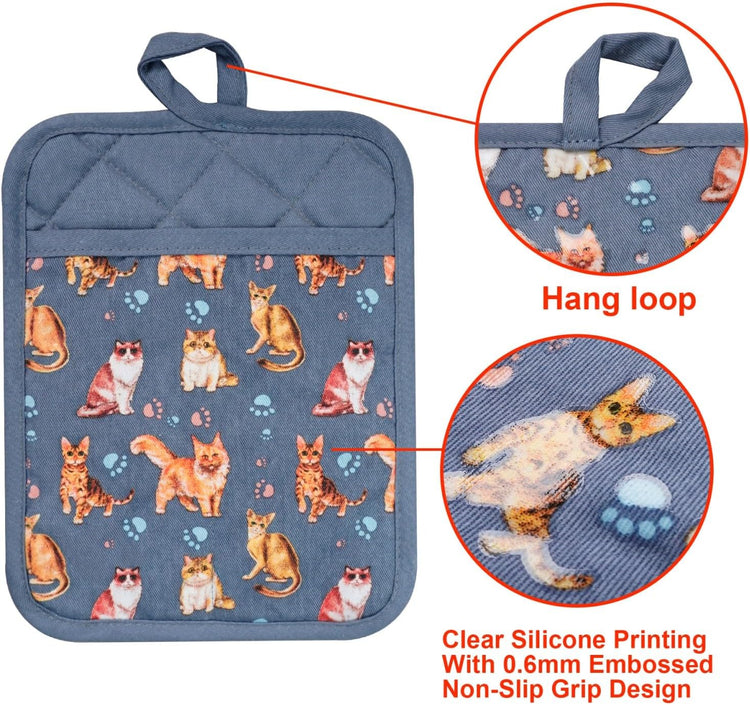 Pot Holders Set of 2 Heat Resistant 480 ℉Non Slip Clear Silicone Printed Comfortable Cotton Lining Kitchen Women Men Cooking Baking Microwave Machine Washable (Cat, Blue potholders)