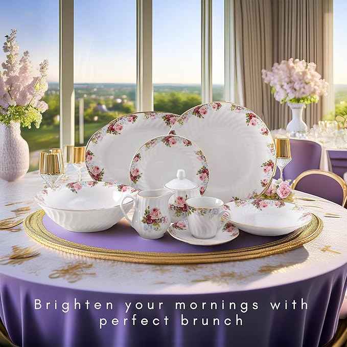 Lynns Paradise Philomena Floral 45-Piece Dinnerware Set | 24K Gold Trim | Embossed Swirl | Plates & Bowls Sets | Apartment Essentials | Home Kitchen Accessories | Floral Design