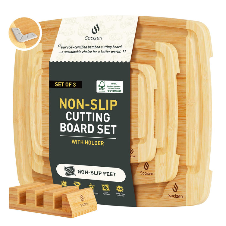 Bamboo Cutting Board Set Non Slip Feet with Holder Over Sink Tablas Para Picar Cocina Tabua Madeira Corte Carne Bambu Alimentos Cortar Madera Juego Regalos Cumpleaños Navidad Mujer Mama Abuela Papa (3 Count)