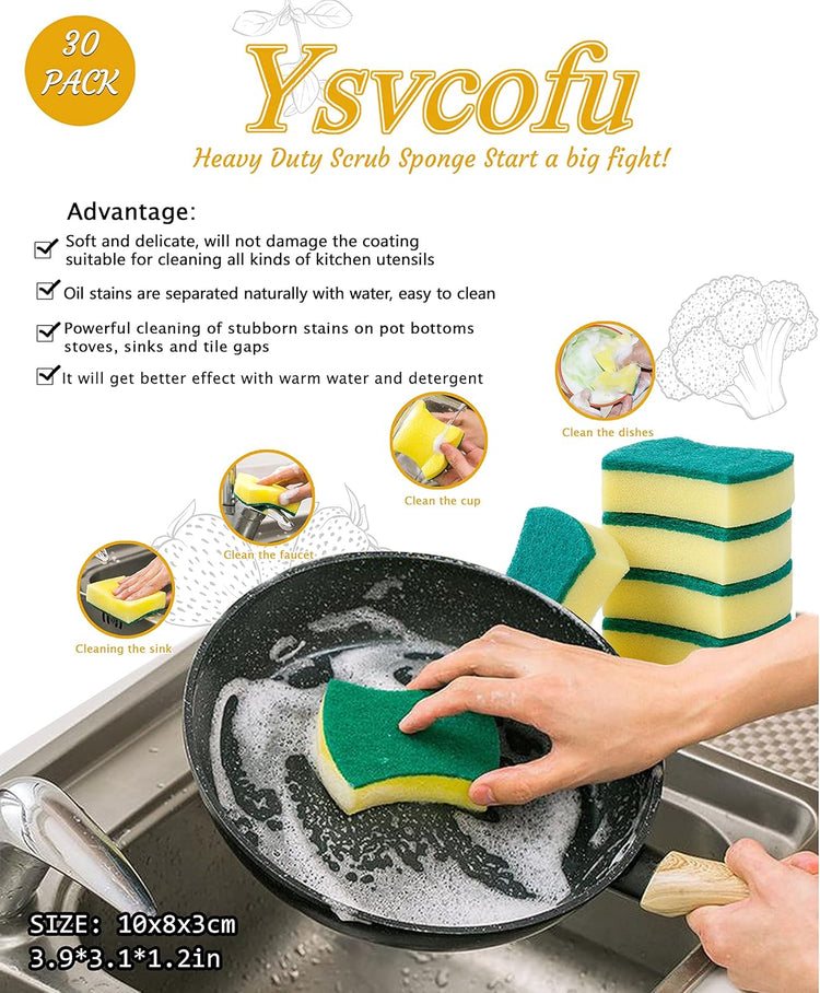 (Pack of 30) Kitchen Sponges Pack,Scrub Daddy sponges,Dish Sponge,Double Face Non-Scratch Scrub Sponge,Super Absorbent Multi-Use Cleaning Sponge,Widely Used in Kitchen, Bathroom, Outdoor
