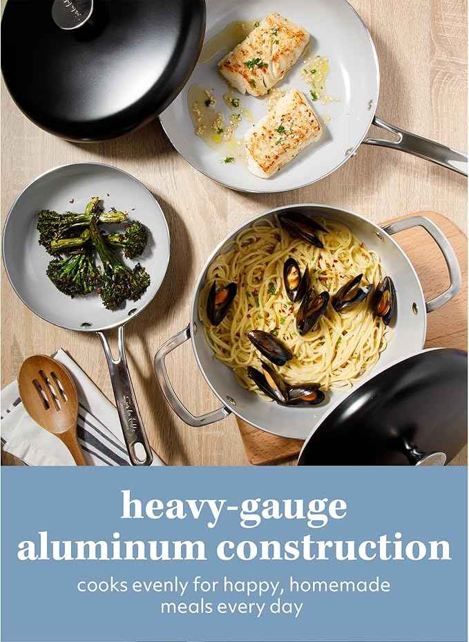 Sur La Table Kitchen Essentials Potluck Porch 10 Piece PFA Free Ceramic Non stick Interior Forged Aluminum Cookware Pots and Pans Set W/Aluminum Lids - Black - Induction Compatible