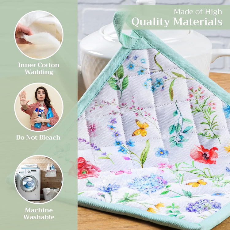Maison d' Hermine Pot Holders 100% Cotton Heat Resistant Potholders 8" x 8" Hot Pads with Loop BBQ, Cooking, Baking, Grilling, Kitchen, Handling Hot Pans Spring/Summer (Pack of 1, Just Floral)