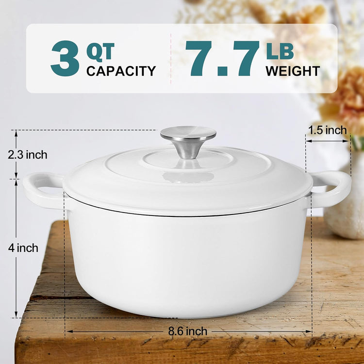 Small 3 Quart Dutch Oven, HaSteeL Round Cast Iron Cooking Pot with Lid, Nonstick Enameled Cookware for Sourdough Bread Baking Roasting Stewing Braising Frying, Heavy Duty & Oven Safe 500℉, White - Nestoria