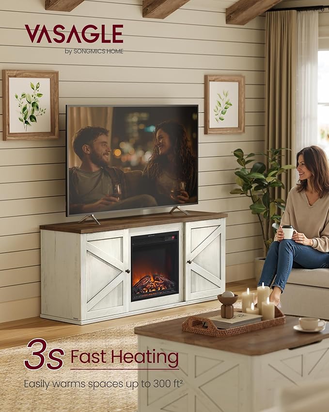 VASAGLE Fireplace TV Stand for TVs up to 65 Inches, 18-Inch ELectric Fireplace with Remote, Farmhouse Entertainment Center, Media Console Table for Living Room, Rustic White and Honey Brown ULTV540W01