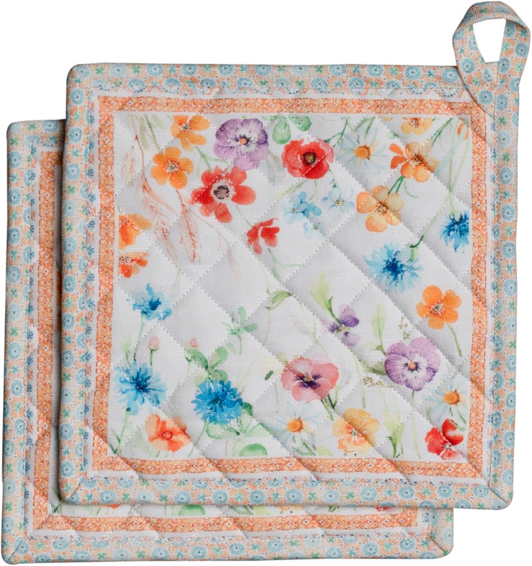 Maison d' Hermine Pot Holders Set 100% Cotton Heat Resistant Potholders 8" x 8" Hot Pads with Loop BBQ, Cooking, Baking, Grilling, Kitchen, Handling Hot Pans Spring/Summer (Pack of 2, Summer Whisper)