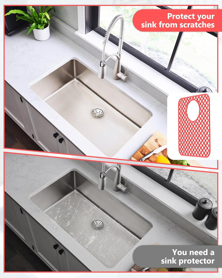 2 Pack Silicone Sink Protectors for Kitchen Sink, Lozenge Pattern 13 x 11 Inches Sink Mat, Non-Slip and Durable Sink Protector Silicone, Rear Drain, Red