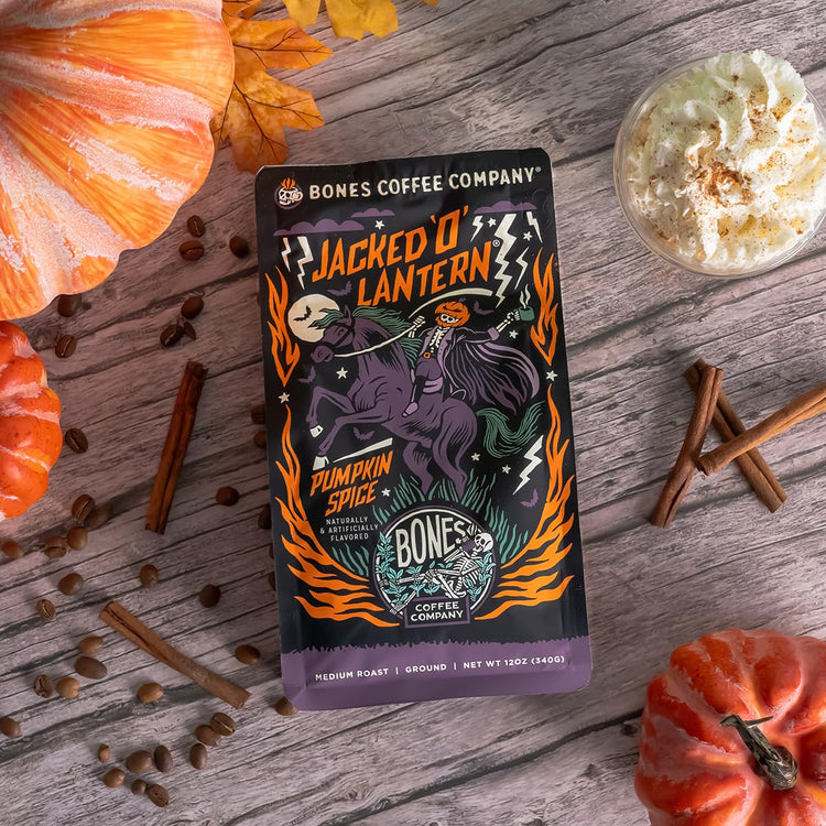Bones Coffee Company Jacked 'O' Lantern, Pumpkin Spice Flavored Coffee, Medium Roast Low Acid Arabica Beans Compatible with Auto drip and French Press Coffee Maker, 12 Oz Ground