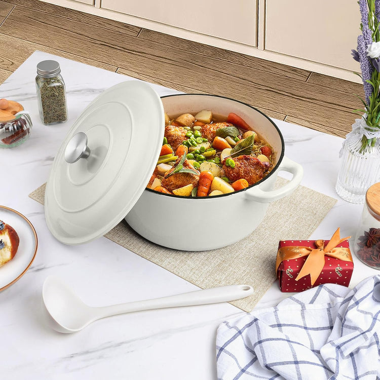 P&P CHEF 6QT Enameled Dutch Oven, Cast Iron Dutch Oven Pot with Lid for Bread Baking, Enameled Casserole Pot for Roasting Braising Stewing Frying Simmering, Various Stoves & Easy Clean, White - Nestoria