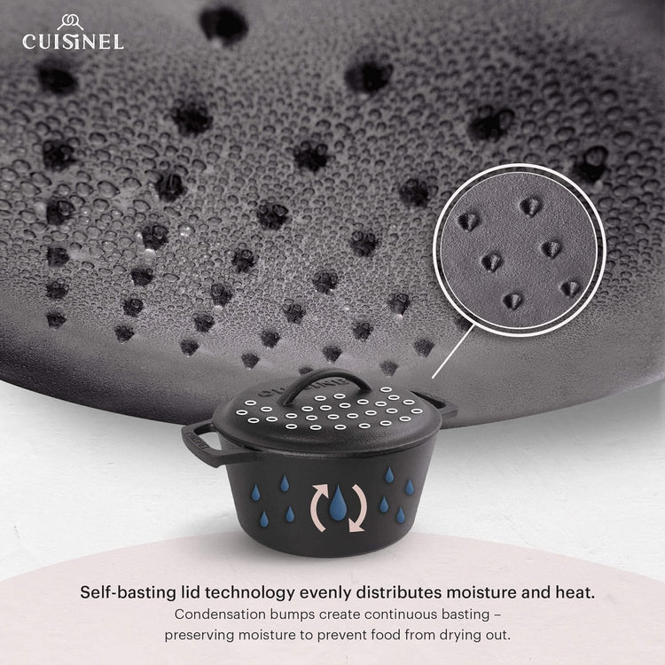 Cuisinel Cast Iron Dutch Oven - 3-Quart Deep Pot + Lid + Pan Scraper + Handle Covers - Large Pre-Seasoned Cooker for Baking Bread, Soup, Frying - Indoor/Outdoor Kitchen, Camping, Fire, BBQ Cookware - Nestoria