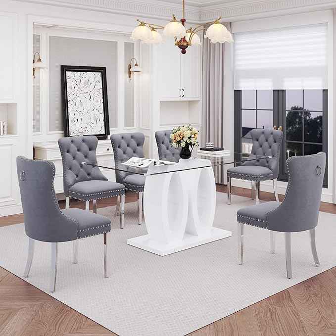 63" Glass Dining Table Set for 6, 7-Piece Rectangular Kitchen Table with Tempered Glass Top, White Double O-Shaped MDF Base, and 6 Grey Velvet Upholstered Chairs for Dining Room, Living Room, Office