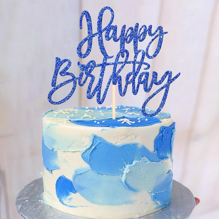 ZHUOWEISM 1 PCS Glitter Happy Birthday Cake Topper for Celebrating Anniversary Theme Party Cake Decorations Supplies Dark Blue