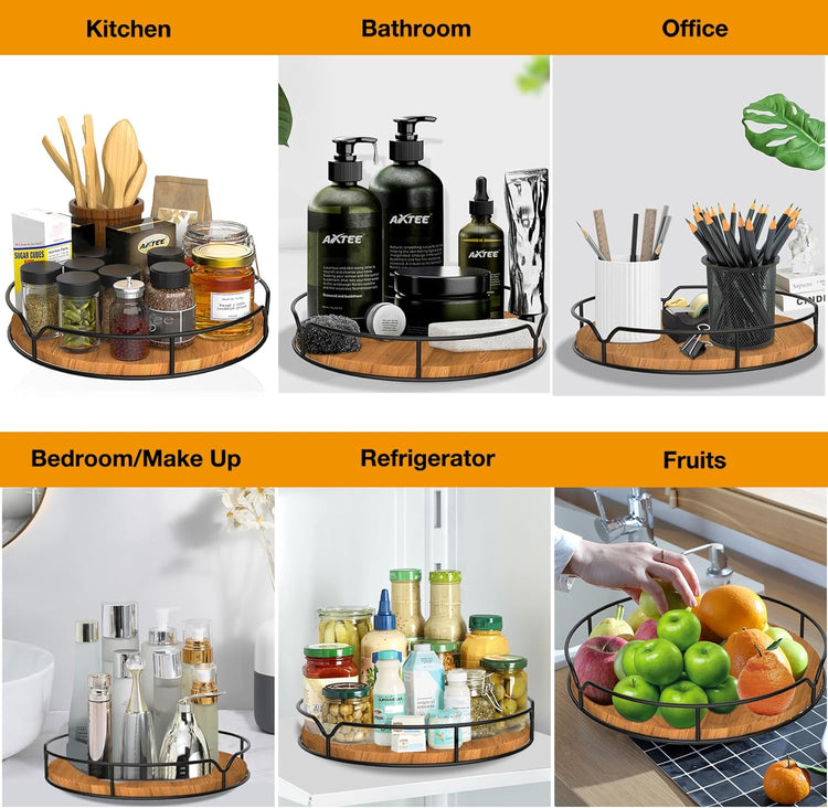 Lazy Susan Turntable Organizer for Cabinet Pantry Kitchen Countertop Refrigerator Cupboard, Pine Wood, 9", Carbonized Black