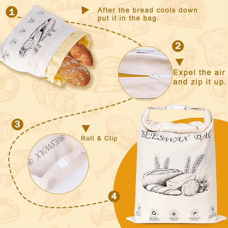 2-Pack Reusable Beeswax Bread Bags for Sourdough & Homemade Bread,Cotton Waxed Bags Keeps Fresh Longer(Ivory Loaf)