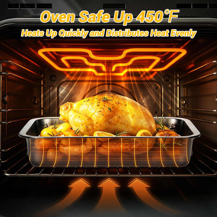 Heavy Duty Stainless Steel Roasting Pan with Rack & Handle for Oven