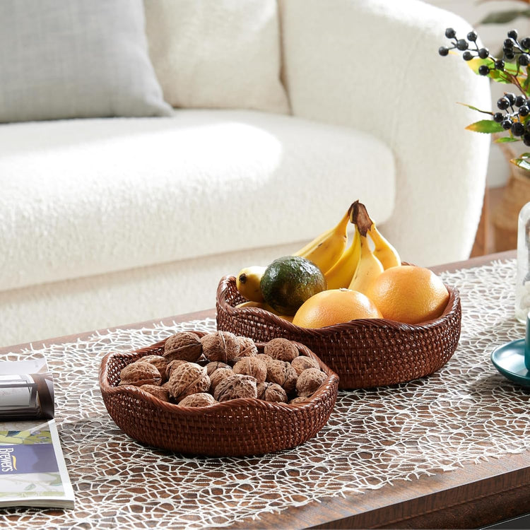 YANGQIHOME Rattan Round Fruit Baskets, Wicker Storage Bowls, Natural Woven Serving Basket Bowls, Decorative Baskets for Kitchen Counter Organizing, Brown, Set of 3