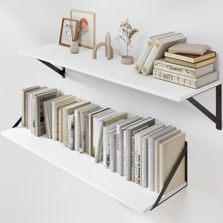 Heimlove White Deep Floating Shelves for Wall, 32W x 8D Wood Wall Shelves Set of 2, Wide Floating Bookshelf for Living Room, Kitchen, Office, Bedroom and Decor Storage, with Black Bracket - White