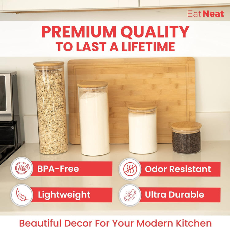 EatNeat 4‑Piece Glass Canister Set with Airtight Bamboo Lids – Giftable Kitchen Storage – Tall Jar Fits Spaghetti – 74/56/36/20 oz for Pantry, Dry Goods, Coffee, Snacks & More