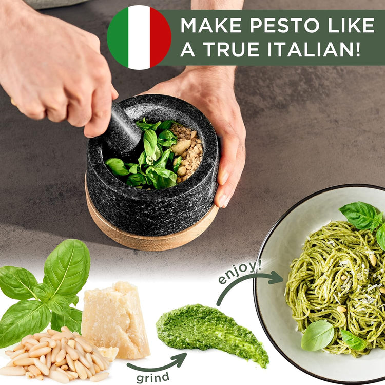 WALDWERK Mortar and Pestle - Mortar and Pestle Set with Anti-Scratch Oak Wood Base - Mortar with Extra Large Pestle Made of Natural Granite - Large Mortar and Pestle - Ideal for Guacamole