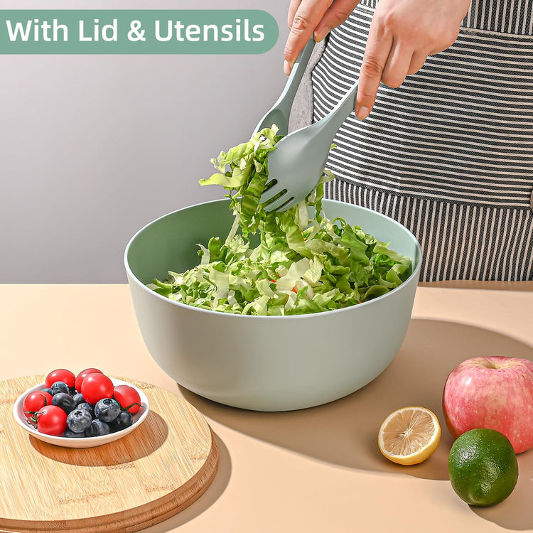 Bamboo Fiber Salad Bowl with Servers Set Large 9.8inches Nature Bamboo Mixing Bowl with Servers with Lid Spoon and Fork for Fruits