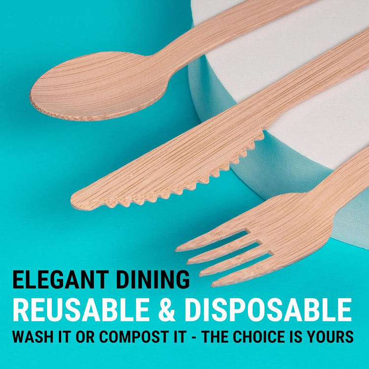 Bamboo Cutlery Set 300 Pcs (100 Forks 100 Knives 100 Spoons) Reusable & Disposable Bamboo Utensils Set | Splinter-Free, Sturdy, Compostable Cutlery Set| FSC Certified