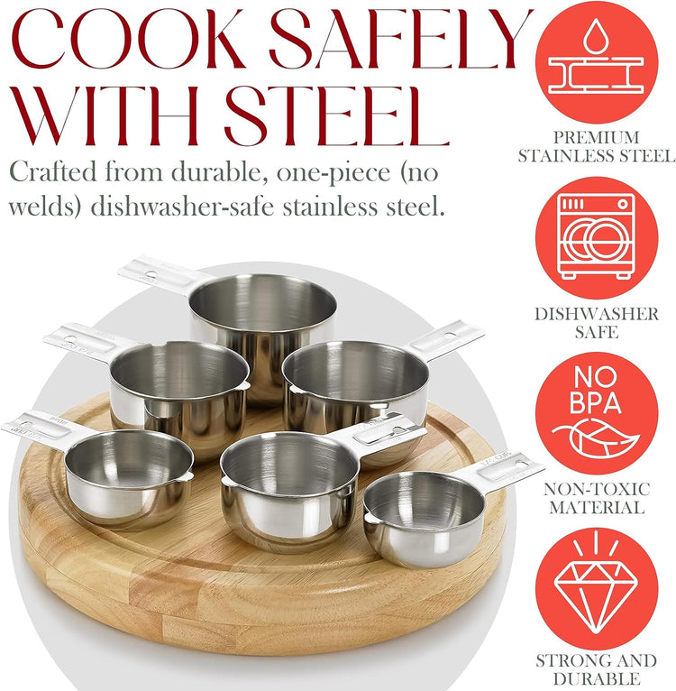 Bellemain One Piece Stainless Steel - Nesting measuring cups for Kitchen for Bakers, Dry - Ml & Oz measuring cup for Liquid, Metal, Set of 6