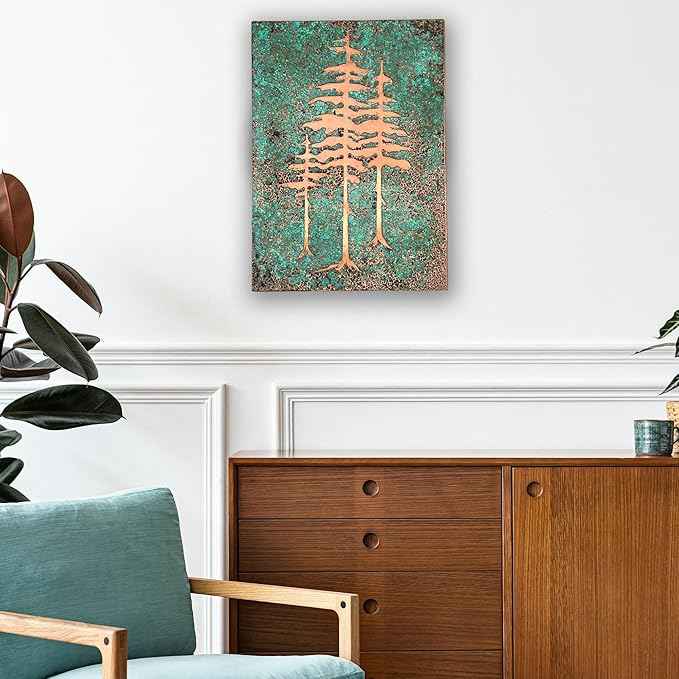 nooc art Handmade Copper Wall Art for Home, Living Room, Bedroom, Kitchen and Office Decor, Rustic Decorative Mural Art for Farmhouse Decor (Patina of Pine Tree, 9.8 x 13.8, Unframed)