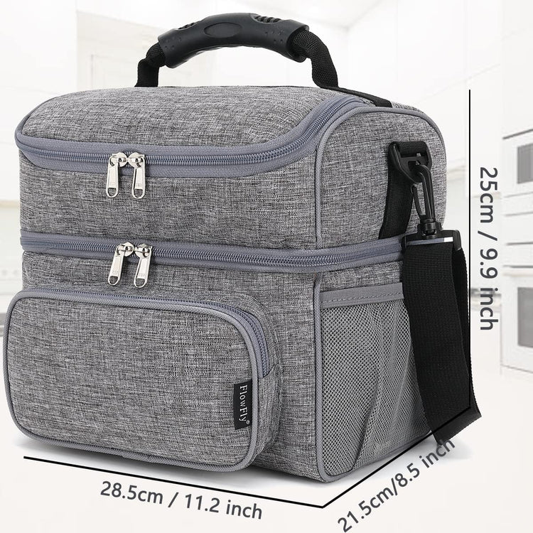 FlowFly Double Layer Cooler Insulated Lunch Bag Adult Lunch Box Large Tote Bag for Men, Women, With Adjustable Strap,Front Pocket and Dual Large Mesh Side Pockets