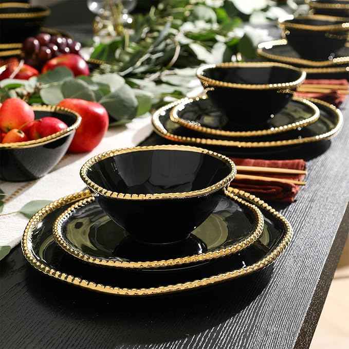 Christian Siriano Akoya Porcelain Dinnerware Set, 12-Piece - Dish Set for 4, Plates and Bowls Set, Black and Gold
