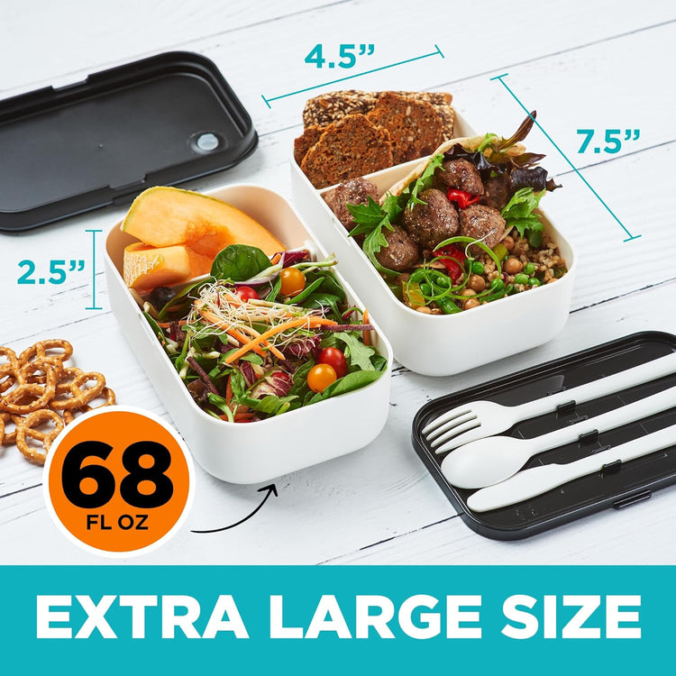 Double Premium Bento Box Adult, 67 fl oz BPA-Free - Cream Stackable Lunch Box with Leak-Proof Lids & Dividers, Perfect for Meal Prep, Lunches & Portion Control