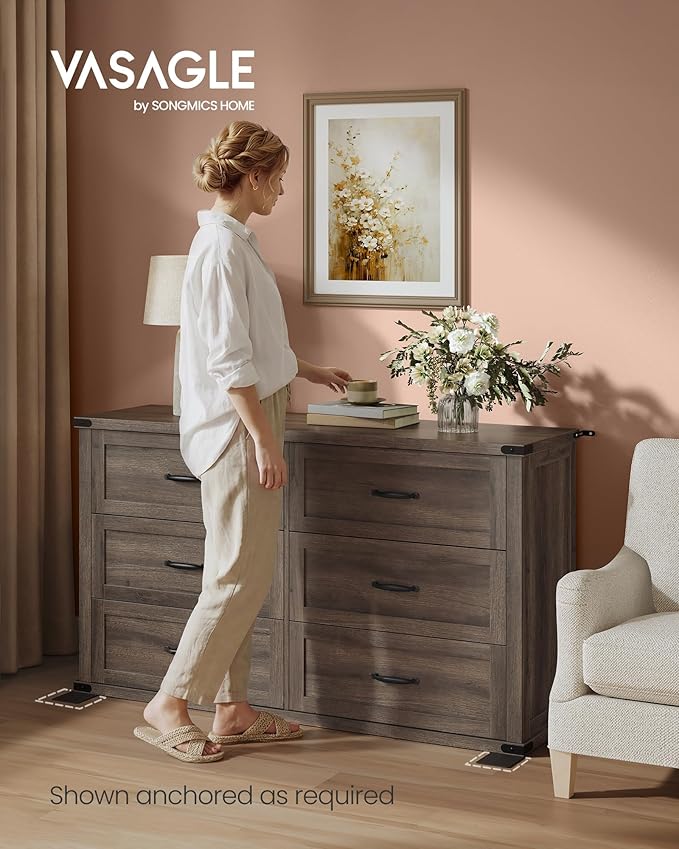 VASAGLE LIRY Collection - 6-Drawer Dresser for Bedroom, 54-Inch Wide Modern Farmhouse Chest of Drawers with Metal Handles, TV Stand, for Living Room, Entryway, Anti-Tipping, Taupe Brown ULTS661TA01S