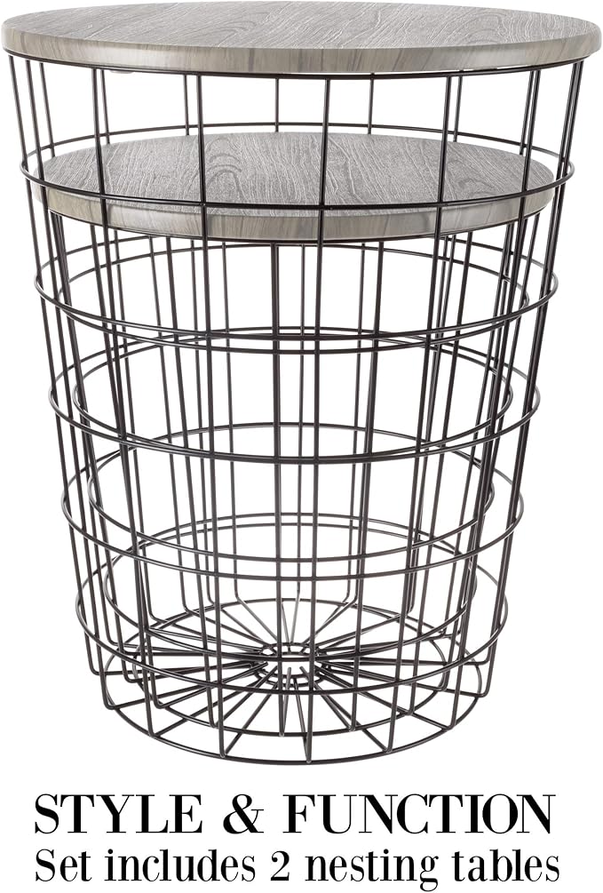 End Tables Set of 2 - Nesting Tables with Removable Wood Tops and Metal Basket Bases for Blanket Storage - Round Side Furniture for Living Room, Bedroom, or Home Office by Lavish Home (Gray/Black)
