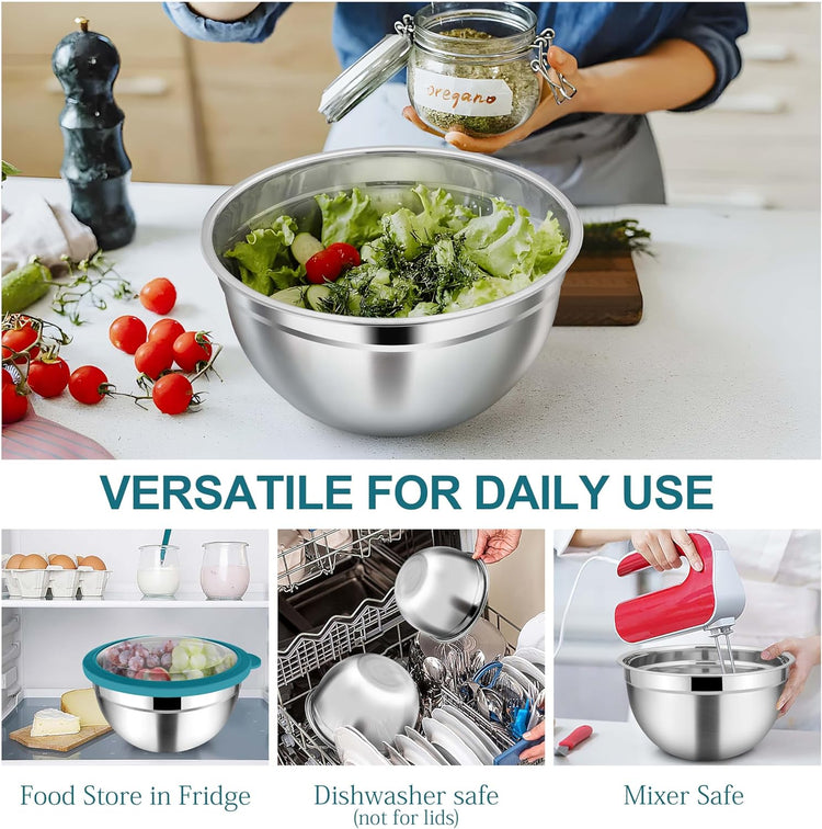 TeamFar Mixing Bowl Set, 4.5/3/1.5 QT Stainless Steel Nesting Salad Bowls with Airtight Lids, For Serving/Mixing/Storing/Prepping, Non-Toxic & Sturdy, Visible & Easy Clean, Dark Blue, Set of 3