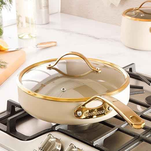 Bloomhouse - Two Time Oprah's Favorite Things Winner - 10 Inch Heavy Duty Aluminum Premium PFA Free Ceramic Nonstick Saute/Deep Frying Pan Skillet with Lid - Almond Cream w/Gold Handle