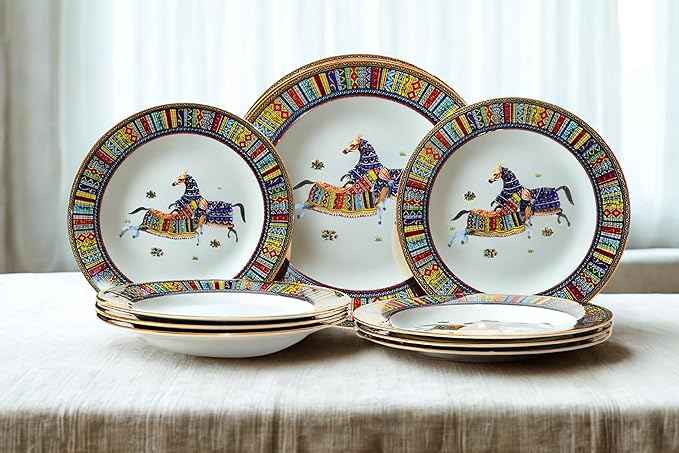 Porcelain Dinnerware Set for 4-20 Piece Luxury Greek Horse Cheval Banquet Dinner Set - Elegant Design - Plates and Cups with Saucers - Dining Set for Everyday Use or Formal Occasions
