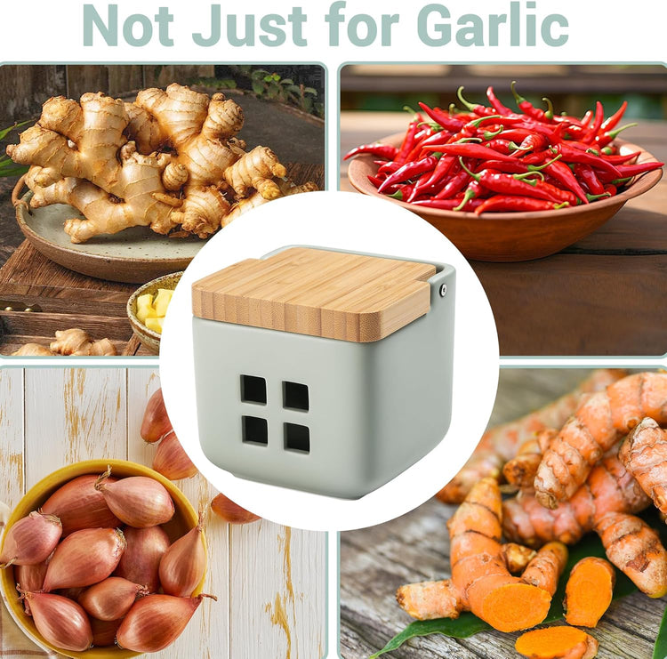 Garlic Container for Counter Ceramic Garlic Keeper Storage Garlic Holder with Lid to Keep Your Garlic Cloves Fresh Longer(Green)