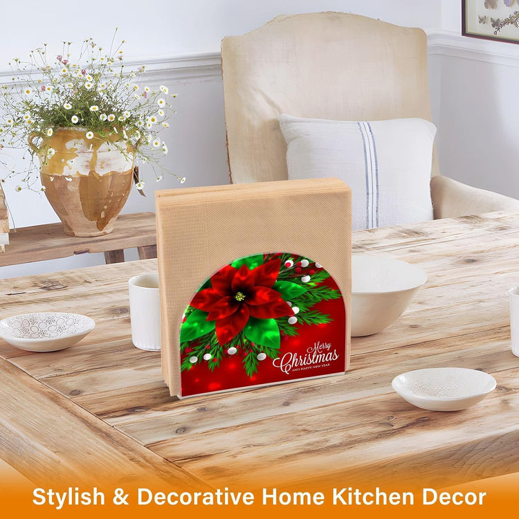 Christmas Red Poinsettia Berry Napkin Holder for Table Paper Napkins Holder Acrylic Tissue Dispenser Kitchen Dining Room Bathroom Party Car Decor