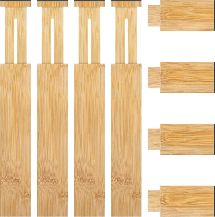 FJO 4 Pack Adjustable Bamboo Drawer Dividers - 12.5" - 21.7" Expandable Drawer Separators for Kitchen, Utensils, Clothes, Bedroom, Dresser, Bathroom (Beige)