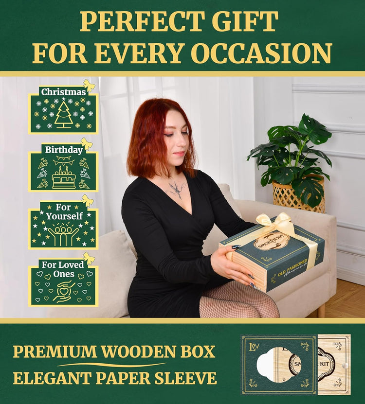Whiskey Smoker Kit with Torch – Natural Wood Box, 2 Metal Filters, Whiskey Stones – Old Fashioned Cocktail Smoker Kit, Men Birthday Gift Ideas, Gifts for Dad, Husband, Women, Mom (No Butane)