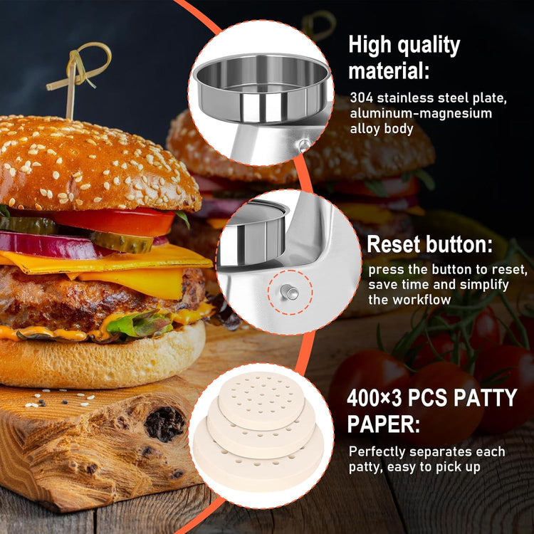 Commercial Burger Patty Maker 3 in 1 Stainless Steel Heavy Duty Hamburger Press (4/5/6-inch) Commercial Hamburger Press Patty Maker Machine with 1200 Pcs Patty Papers for Beef Pork Chicken Patty