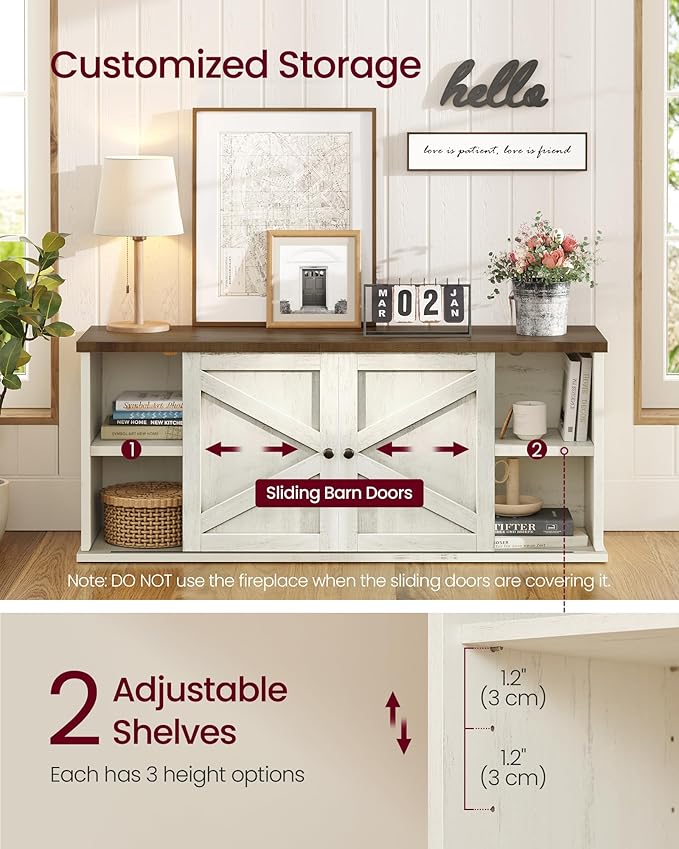 VASAGLE Fireplace TV Stand for TVs up to 65 Inches, 18-Inch ELectric Fireplace with Remote, Farmhouse Entertainment Center, Media Console Table for Living Room, Rustic White and Honey Brown ULTV540W01