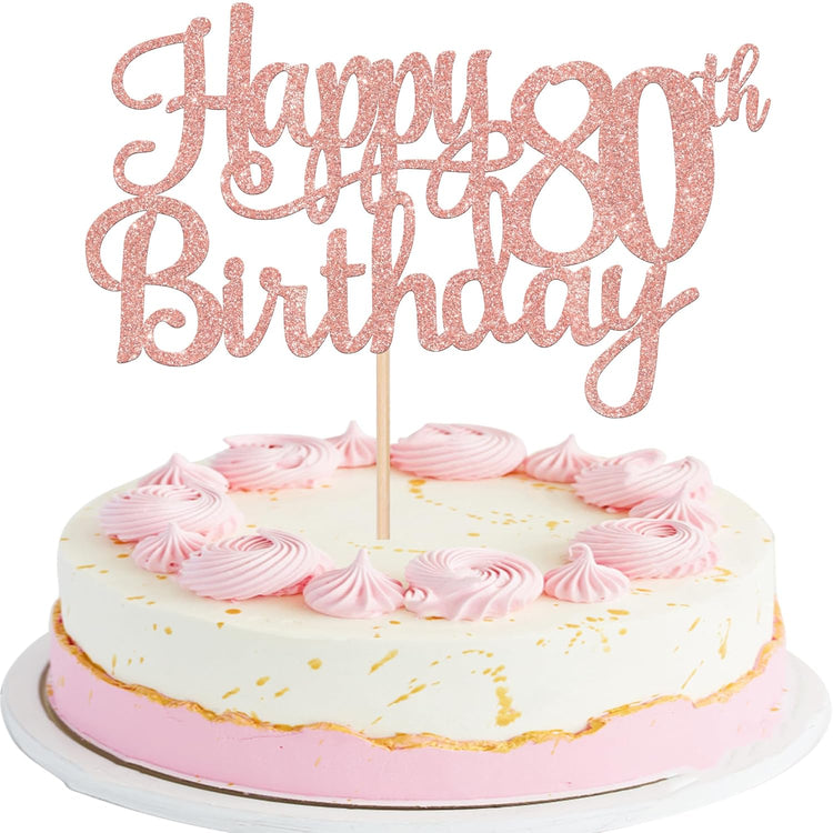 1 PCS Happy 80th Birthday Cake Topper Glitter Cheers to 80 Years Birthday Cake Pick 80 Fabulous Cake Decoration for Happy 80th Birthday Theme Party Decorations Supplies Rose Gold