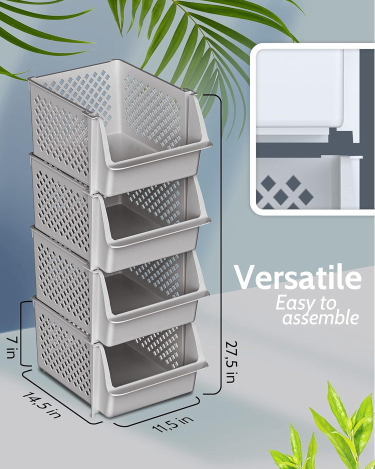 TidyFriend Stackable Storage Bins for Pantry, 4 Pack Stackable Bins For Organizing Food, Kitchen, and Bathroom Essentials (Light Grey)