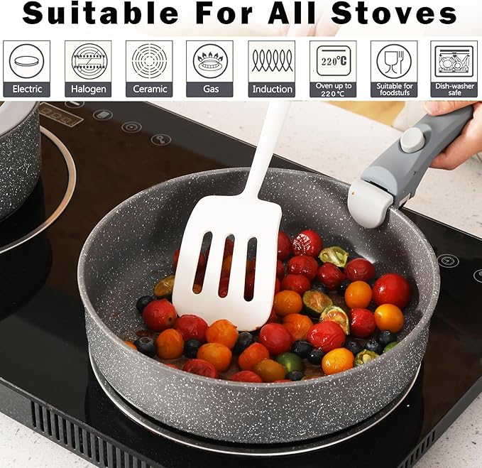 Vkoocy Gray Non Stick Pot and Pan Set with Removable Handle, Ceramic Cookware Set Detachable Handle, 5pcs Induction Kitchen Camping Stackable Pots Pans, Dishwasher/Oven Safe, PTFE/PFAS/PFOA Free