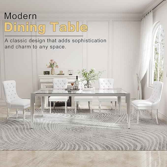 78'' Modern Glass Dining Table for 6-8 People,Tempered Glass Top Dining Room Table with Stainless Steel Base, Glass and Silver Dining Table for 6, Rectangle Dining Kitchen Table for Dinner