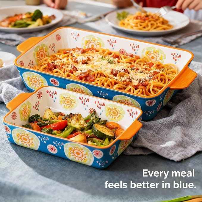 Ceramic Baking Dish Set, 2-Piece Stoneware Bakeware with Handles, 3QT & 1.2QT Casserole Dishes for Oven to Table, Microwave Dishwasher Safe, Lead-Free, Hand-Painted Bakeware -Ocean Blue