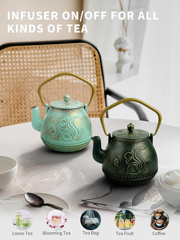 Toptier Teapot with Removable Infuser, Cast Iron Tea Kettle Stovetop Safe, Squirrel Design Tea Pot Coated with Enameled Interior for 32 Ounce (950 ml), Aqua