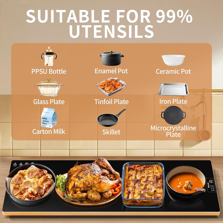 Electric Warming Tray (Extra Long 47”x12”),Food Warmers for Parties Buffet with Thermostat&Full Surface Heating, Tempered Glass Warming Mat for Food, Temperature Adjustable Gold Edges Food Warming Mat